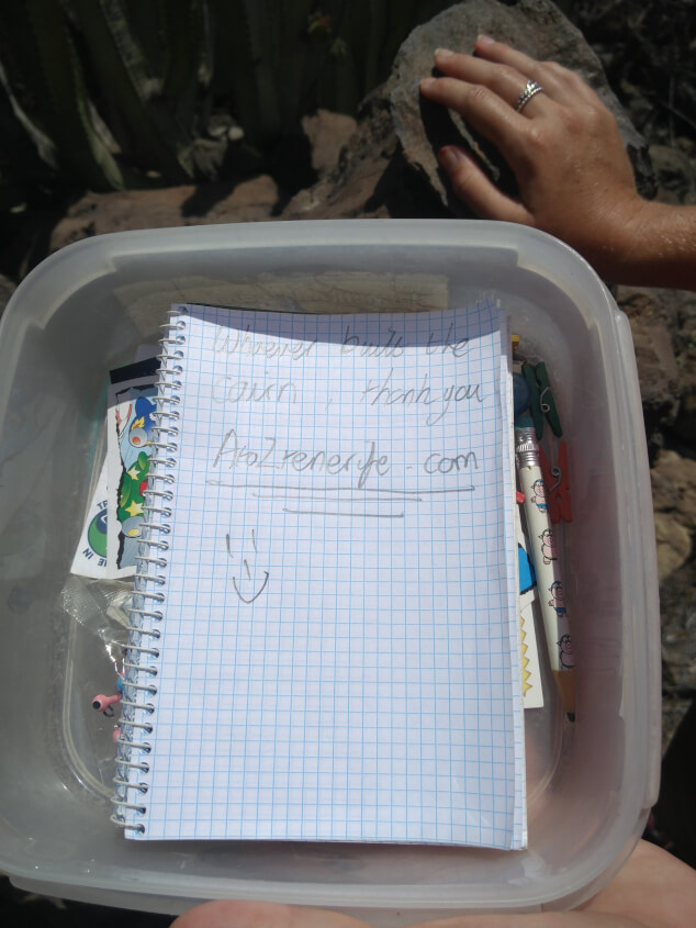 An open plastic tub found while geocaching in Tenerife